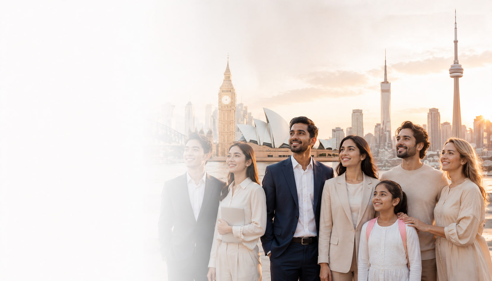 A city skyline representing the aspirations of Indian immigrants seeking a better future abroad